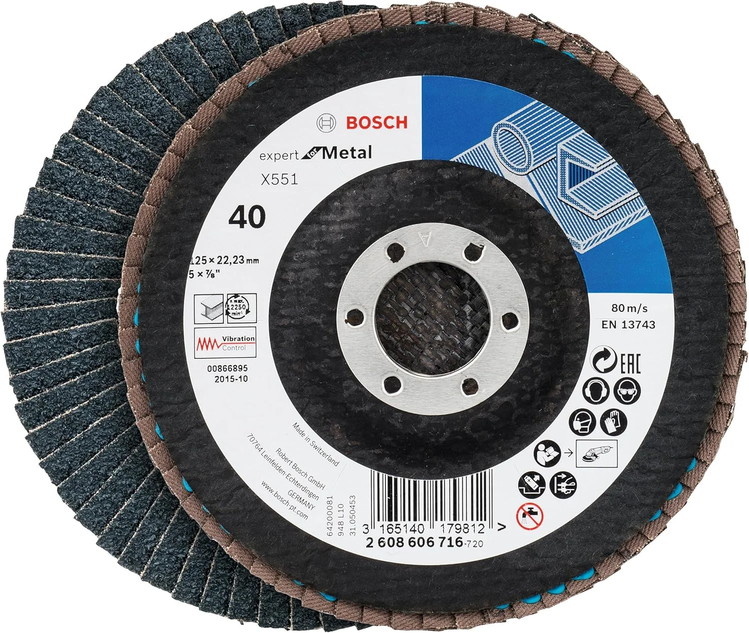 مجموعه ۳ عددی دیسک سنباده پره ای بوش X551 Export برای فلز (مناسب فولاد، چدن، ورق فولادی، زاویه دار، قطر ۱۲۵ میلی متر، درجه زبری ۴۰/۶۰/۸۰، لوازم جانبی حرفه ای سنگ فرز)