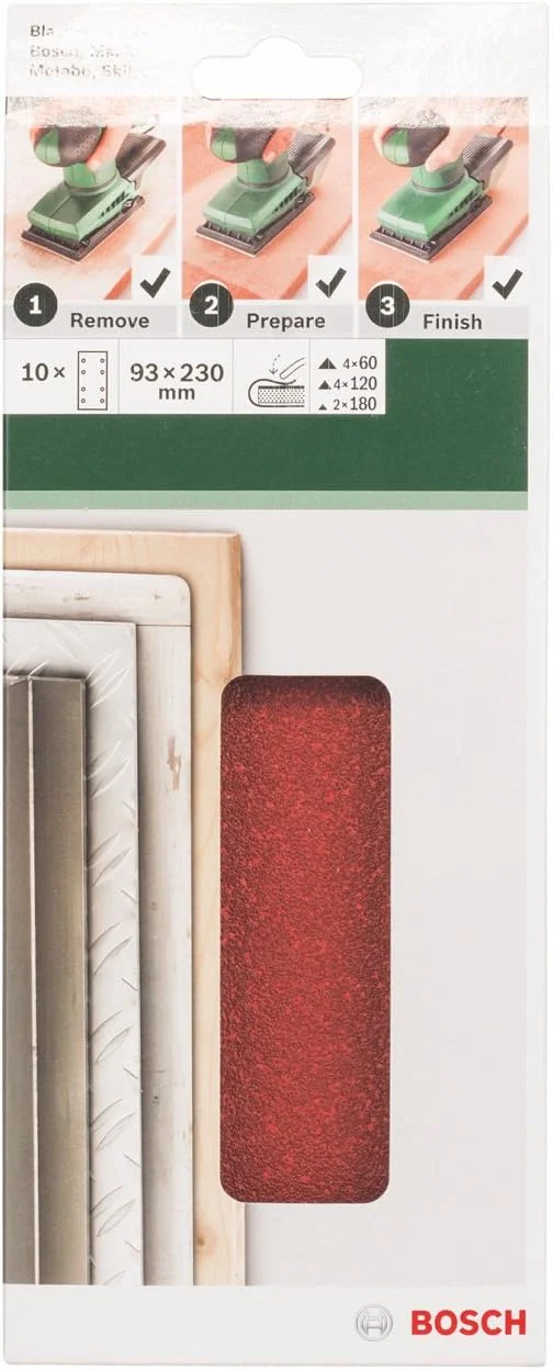 بوش خانه و باغ 2609256B00 مجموعه 10 عددی کاغذ سنباده برای سنباده لرزان 93 x 230، 4 عدد 60، 4 عدد 120، 2 عدد 180