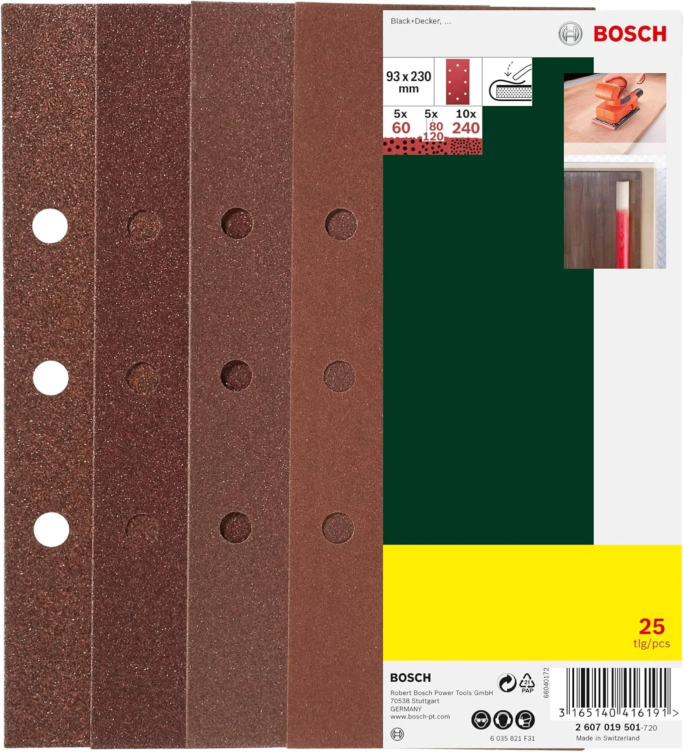 مجموعه 25 عددی سنباده بوش برای سنباده لرزان، سوراخ B&D، دانه بندی 60-240، 93x230 میلی متر مجموعه 25 عددی سنباده بوش برای سنباده لرزان، سوراخ B&D، دانه بندی 60-240، 93x230 میلی متر