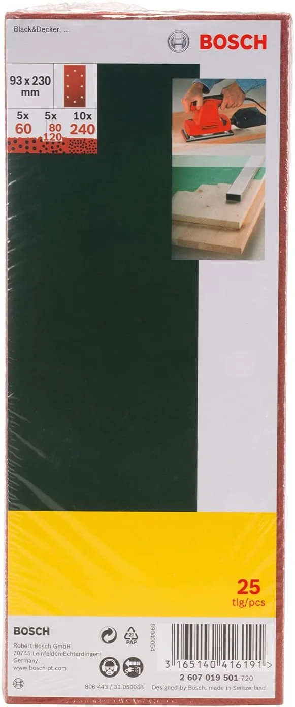 مجموعه 25 عددی سنباده بوش برای سنباده لرزان، سوراخ B&D، دانه بندی 60-240، 93x230 میلی متر مجموعه 25 عددی سنباده بوش برای سنباده لرزان، سوراخ B&D، دانه بندی 60-240، 93x230 میلی متر