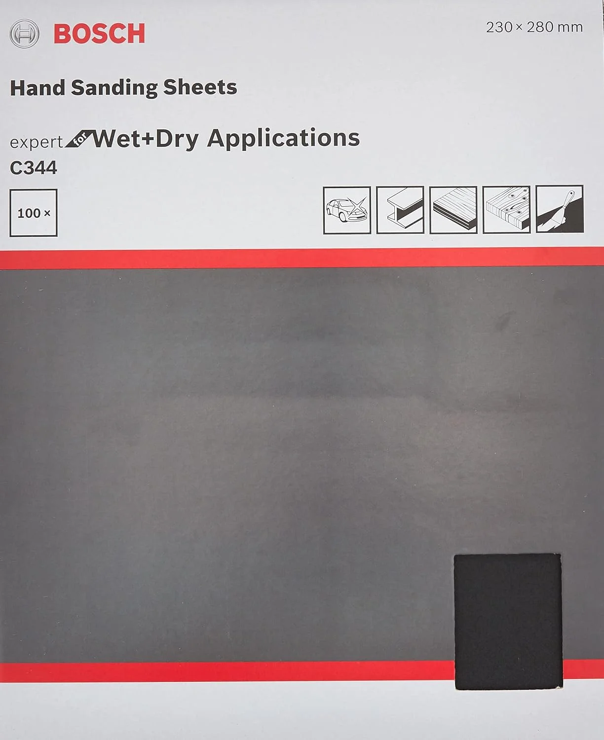 سنباده دستی بوش مدل C344 G220 مناسب برای سنباده زنی تر و خشک، بسته 100 عددی، سایز 230 در 280 میلی متر