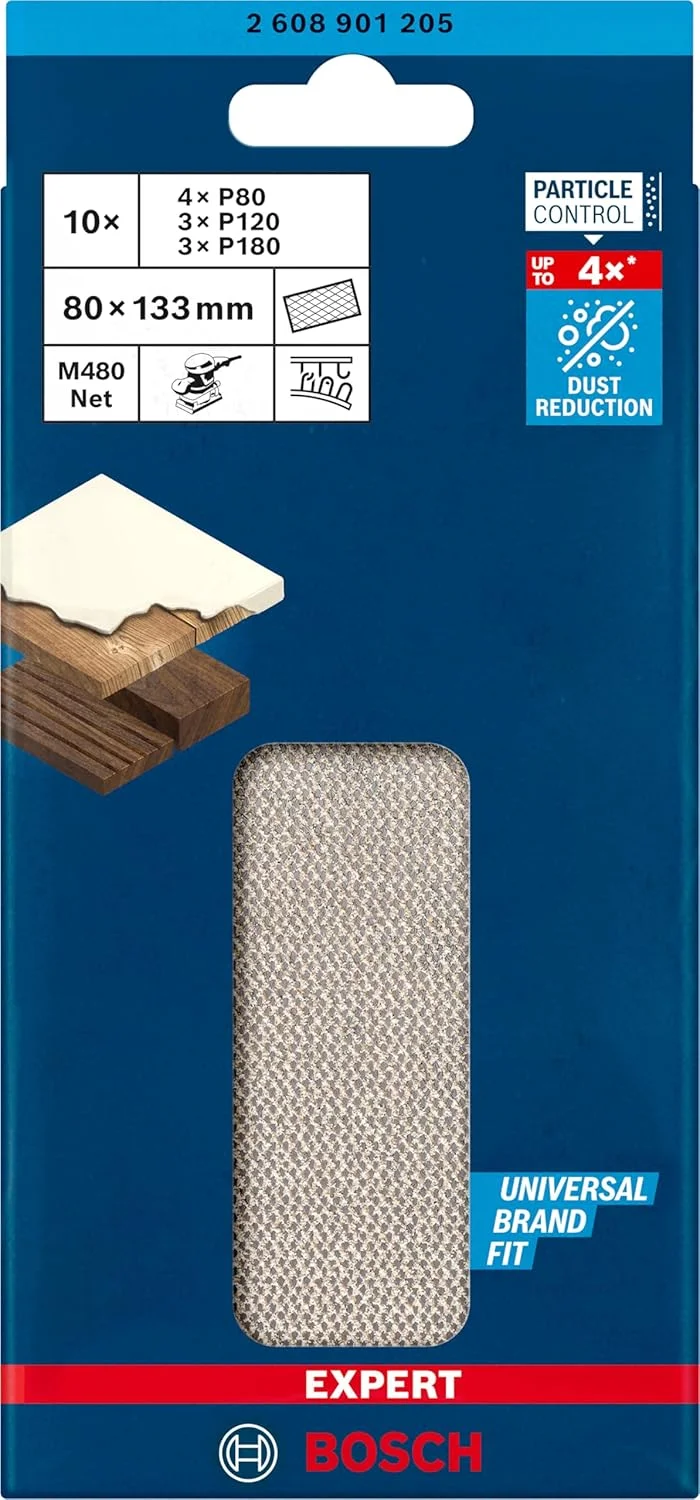 مجموعه توری سنباده 10 عددی بوش پروفشنال Expert M480 (مناسب چوب سخت، رنگ روی چوب، 80x133 میلی متر، زبری 80/120/180، لوازم جانبی سنباده لرزان)