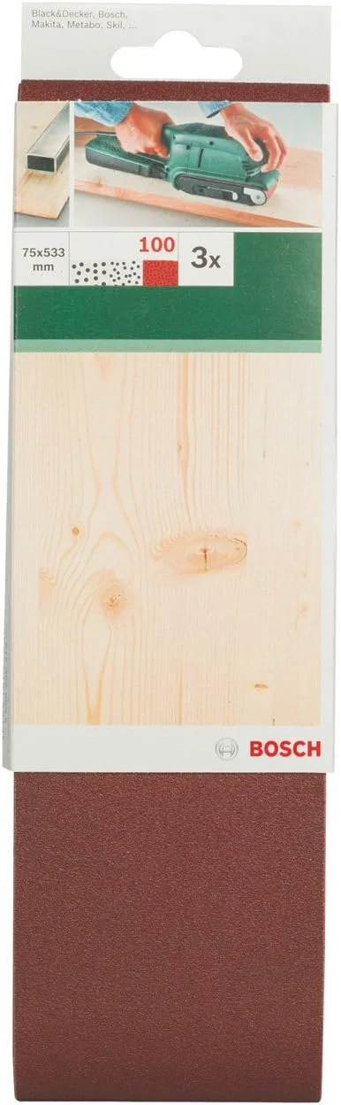 بوش - ۳ عدد نوار سنباده برای دستگاه سنباده نواری، مناسب برای مواد مختلف، ۷۵ در ۵۳۳ میلی متر، زبری ۱۰۰