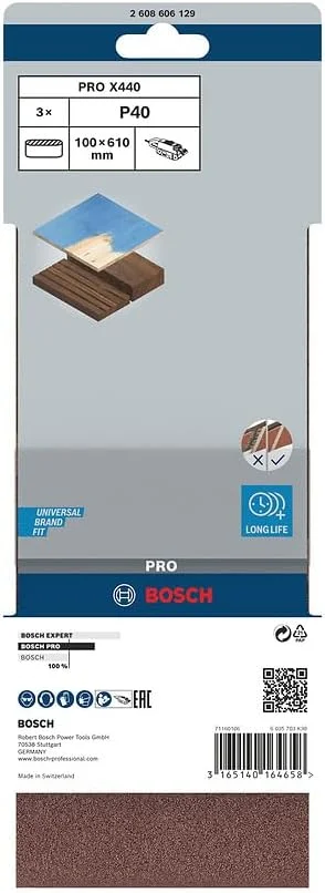 مجموعه سه عددی تسمه سنباده بوش پروفشنال X440 مناسب برای چوب و رنگ (چوب و رنگ، 100 x 610 میلی متر، زبری 40، لوازم جانبی برای سنباده تسمه ای)