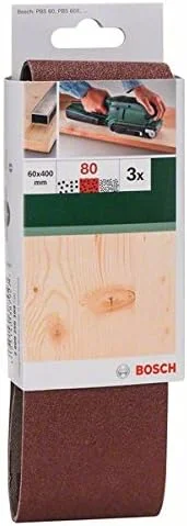 سنباده تسمه ای بوش مناسب برای سنباده لرزان تسمه ای، مناسب برای مواد مختلف، بسته 3 عددی، 60 x 400 میلی متر، زبری 80