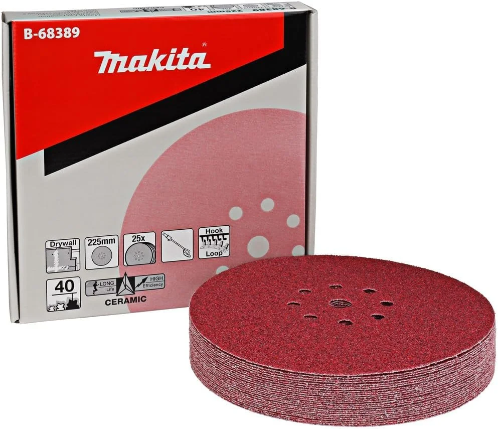 صفحه سنباده 225 میلیمتری ماکیتا مدل B-68389، گرید 40، مناسب برای دیوار خشک، دارای چسب Velcro، 9 سوراخ، 25 عدد در بسته صفحه سنباده 225 میلیمتری ماکیتا مدل B-68389، گرید 40، مناسب برای دیوار خشک، دارای چسب Velcro، 9 سوراخ، 25 عدد در بسته