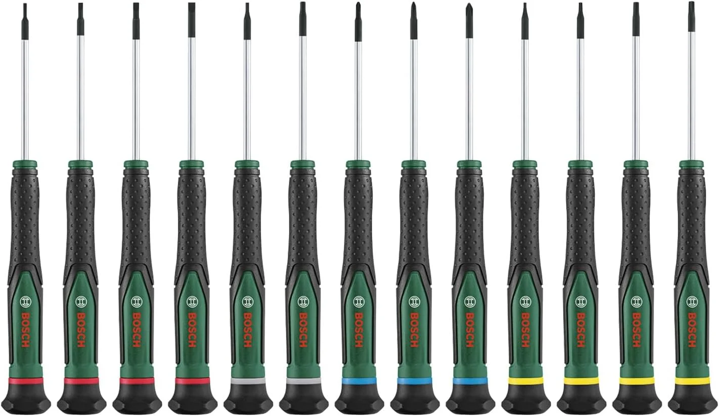 ست پیچ گوشتی دقیق 13 عددی بوش (پیچ گوشتی های فولادی S2 فوق سخت برای کارهای DIY، مدل سازی و صنایع دستی؛ نوک دقیق و مغناطیسی؛ PH/TX/HEX/SL؛ اندازه کدگذاری شده با رنگ؛ دسته نرم)