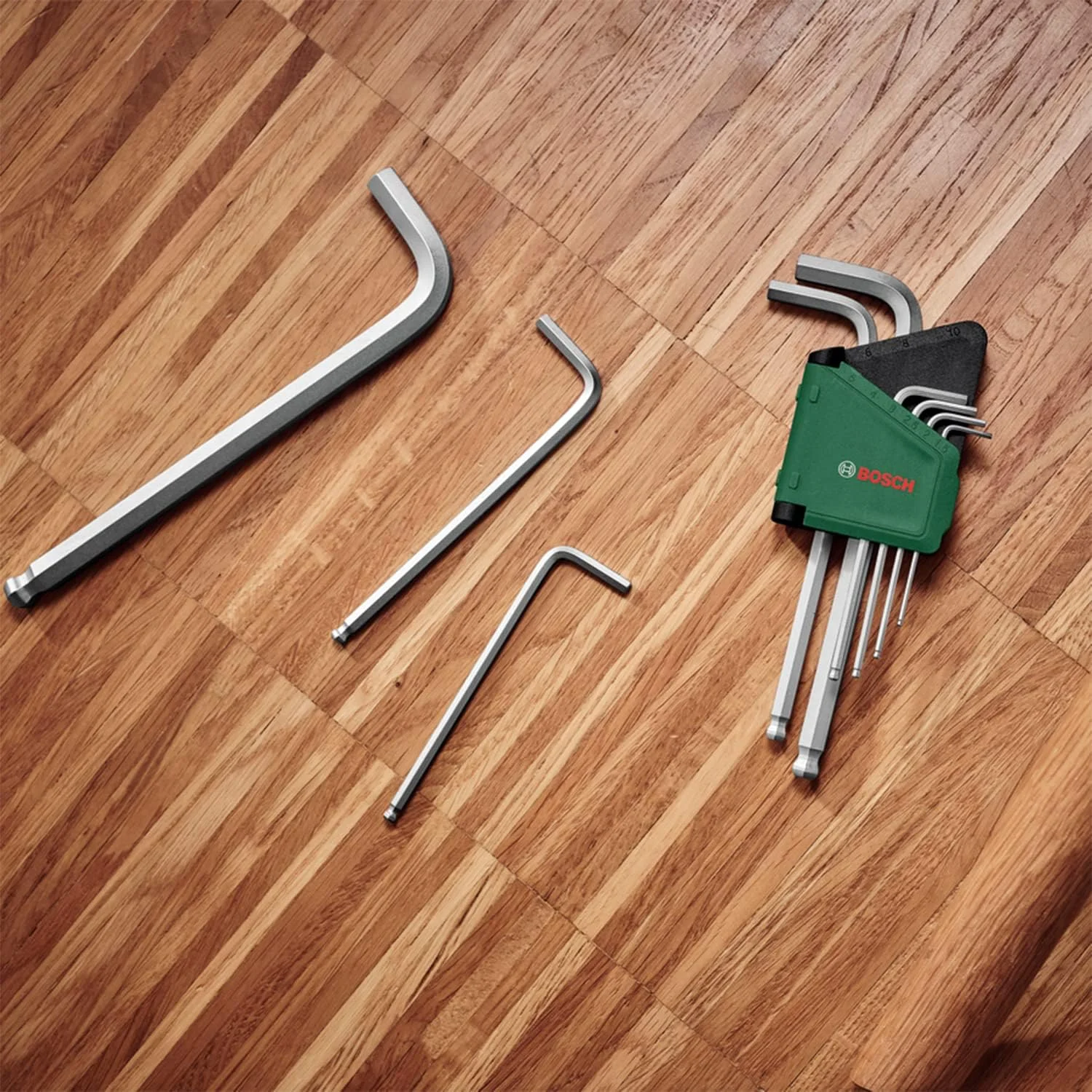 مجموعه آچار آلن 9 عددی بوش (آچارهای آلن چند منظوره ساخته شده از فولاد S2؛ 1.5-10 میلی متر؛ بازوی بلند؛ انتهای توپی با زاویه 30 درجه؛ محافظت شده در برابر زنگ زدگی، گیره نگهدارنده)