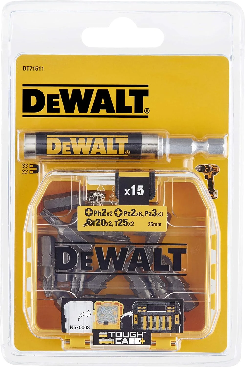 مجموعه 16 عددی پیچ گوشتی دیوالت مدل DT71511-QZ. شامل 15 سری 25 میلی متری: Ph2، Pz2 x6، Pz3 x3، T20، T25 x2 و راهنمای مغناطیسی فشرده