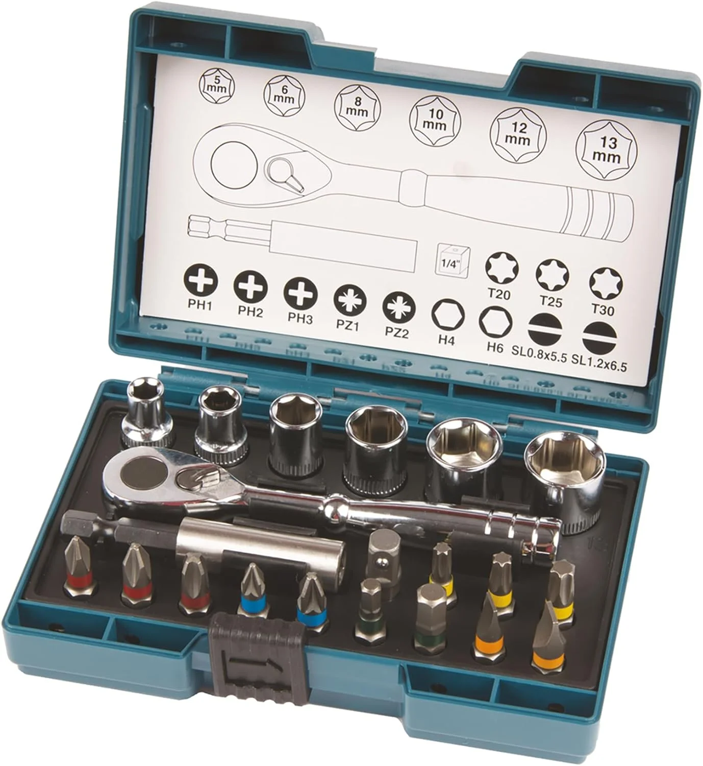 مجموعه سری پیچ گوشتی و بکس ماکیتا مدل B-54081 به همراه دسته جغجغه ای 21 عددی مجموعه سری پیچ گوشتی و بکس ماکیتا مدل B-54081 به همراه دسته جغجغه ای 21 عددی