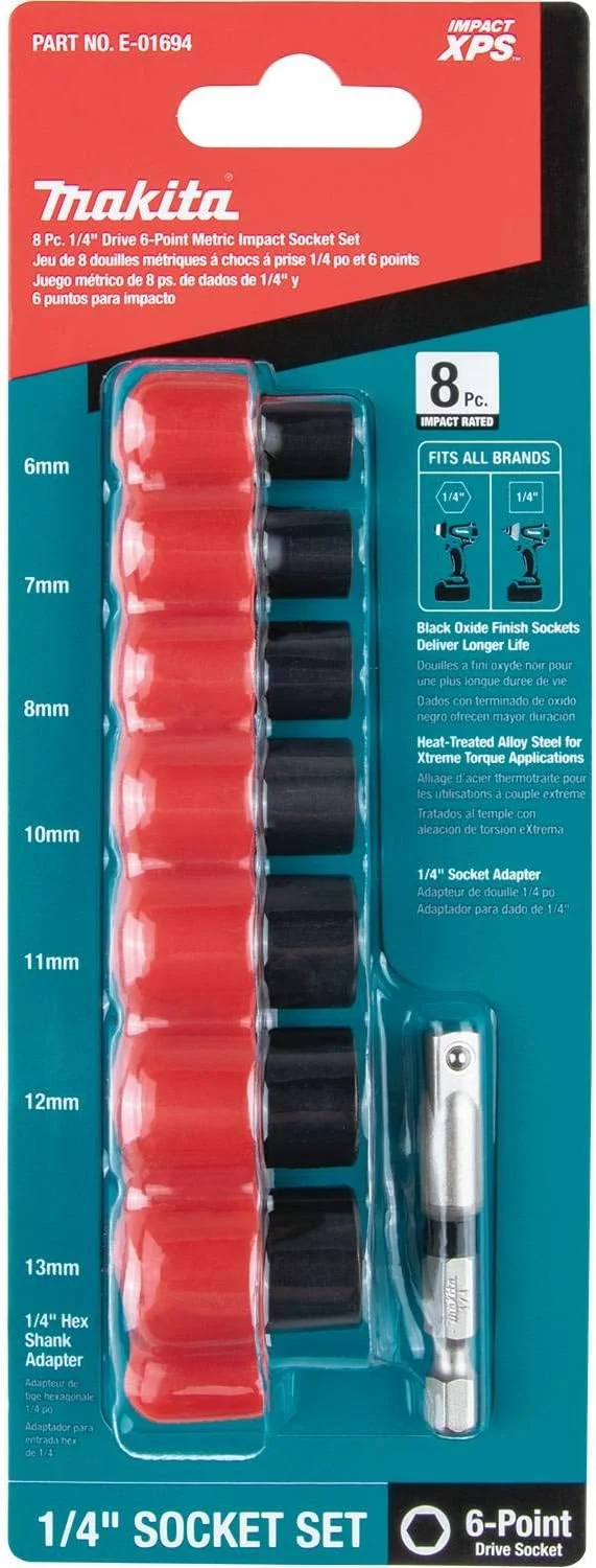 مجموعه 8 عددی بکس ضربه ای 6 پر متریک 1/4 اینچ ماکیتا مدل E-01694 به همراه آداپتور بکس استاندارد