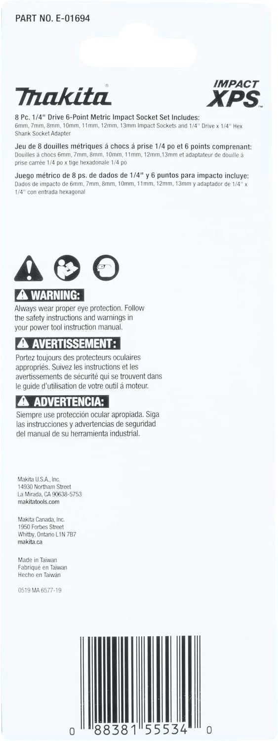 مجموعه 8 عددی بکس ضربه ای 6 پر متریک 1/4 اینچ ماکیتا مدل E-01694 به همراه آداپتور بکس استاندارد