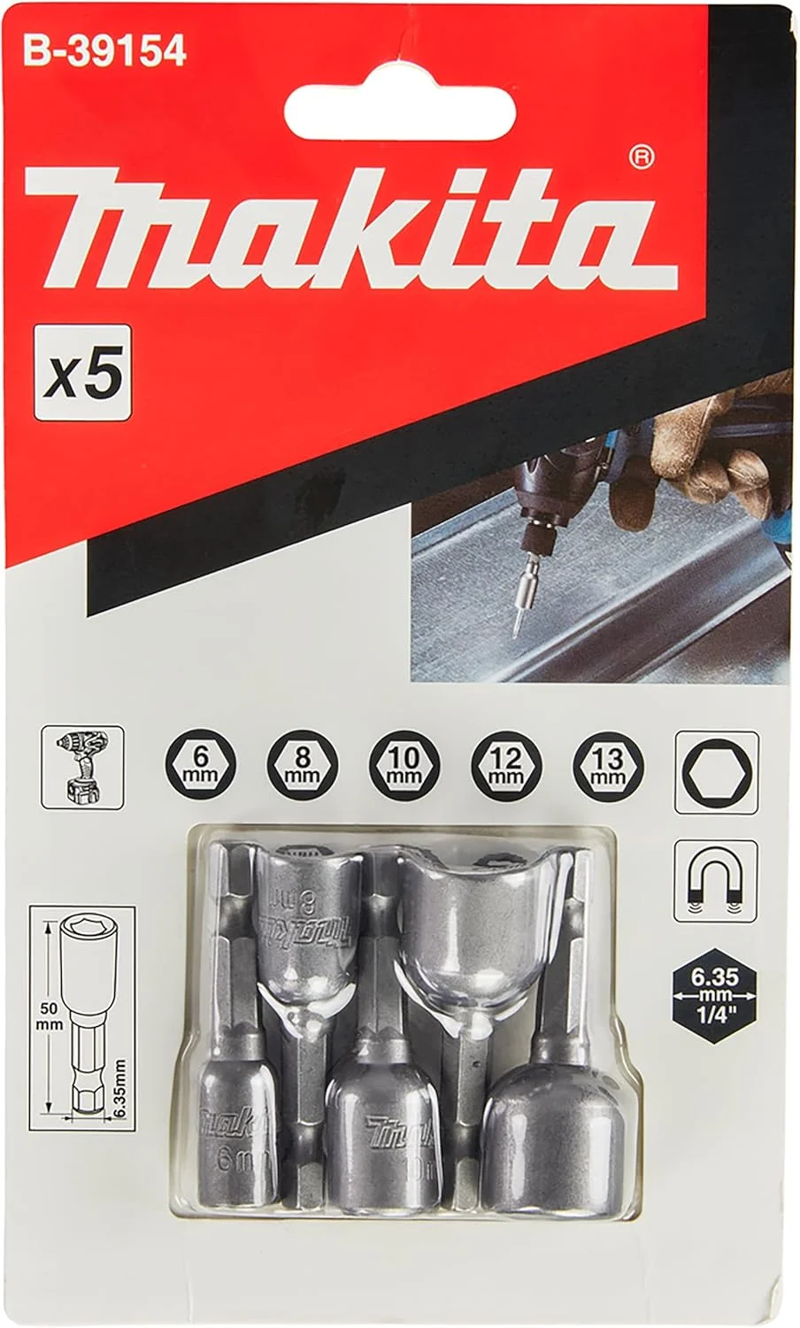 مجموعه آچار بکس ماکیتا B-39154 سایز 1/4 اینچ 5 عددی SW6 - SW13 بکس مگنتی 50 میلی متر