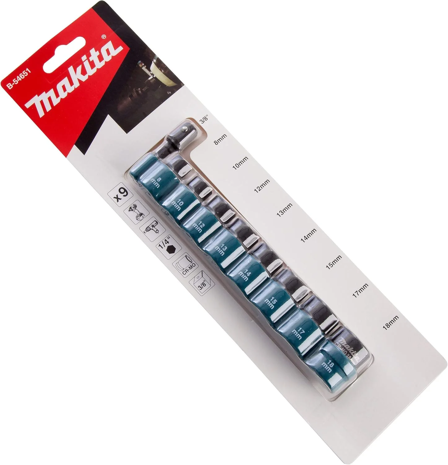 مجموعه 9 عددی بکس ضربه ای 3/8 اینچ درایو مربعی کروم مولیبدن ماکیتا مدل B-54651 مجموعه 9 عددی بکس ضربه ای 3/8 اینچ درایو مربعی کروم مولیبدن ماکیتا مدل B-54651
