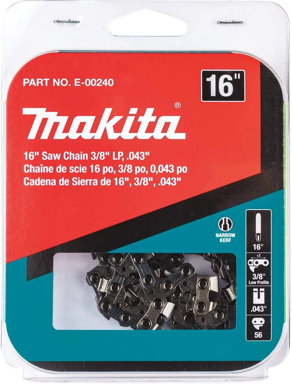 زنجیر اره 16 اینچی ماکیتا مدل E-00240، 3/8 اینچ LP.043 اینچ، نقره ای