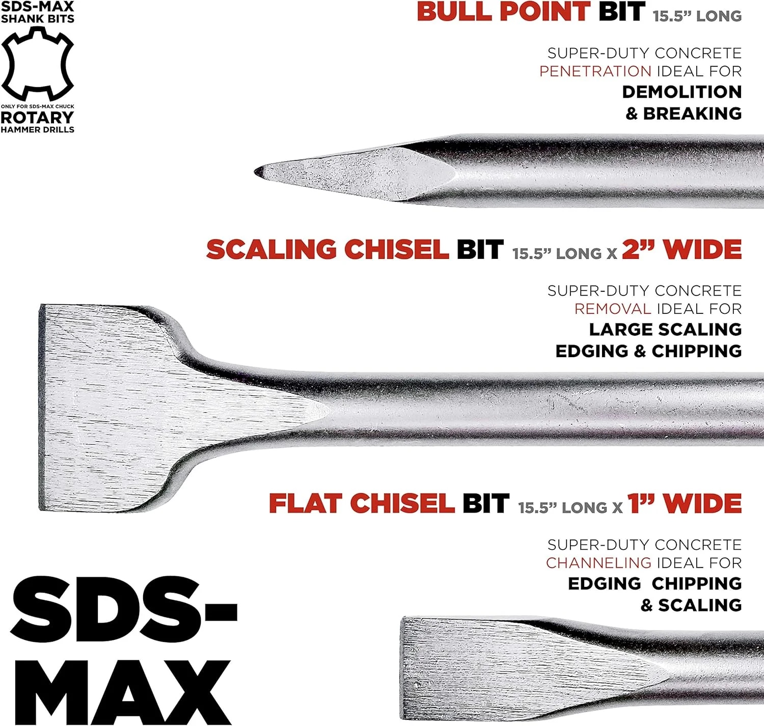 مجموعه 3 عددی قلم و نوک SDS-Max ماکیتا برای چکش های چرخشی SDS Max - تخریب سنگین برای بتن مسلح و کاشی