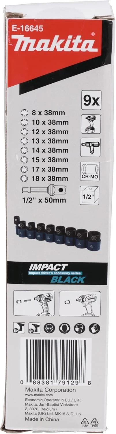 مجموعه آچار بکس ضربه ای ماکیتا مدل E-16645، ۹ پارچه، درایو ۱/۲ اینچ، مشکی مجموعه آچار بکس ضربه ای ماکیتا مدل E-16645، ۹ پارچه، درایو ۱/۲ اینچ، مشکی
