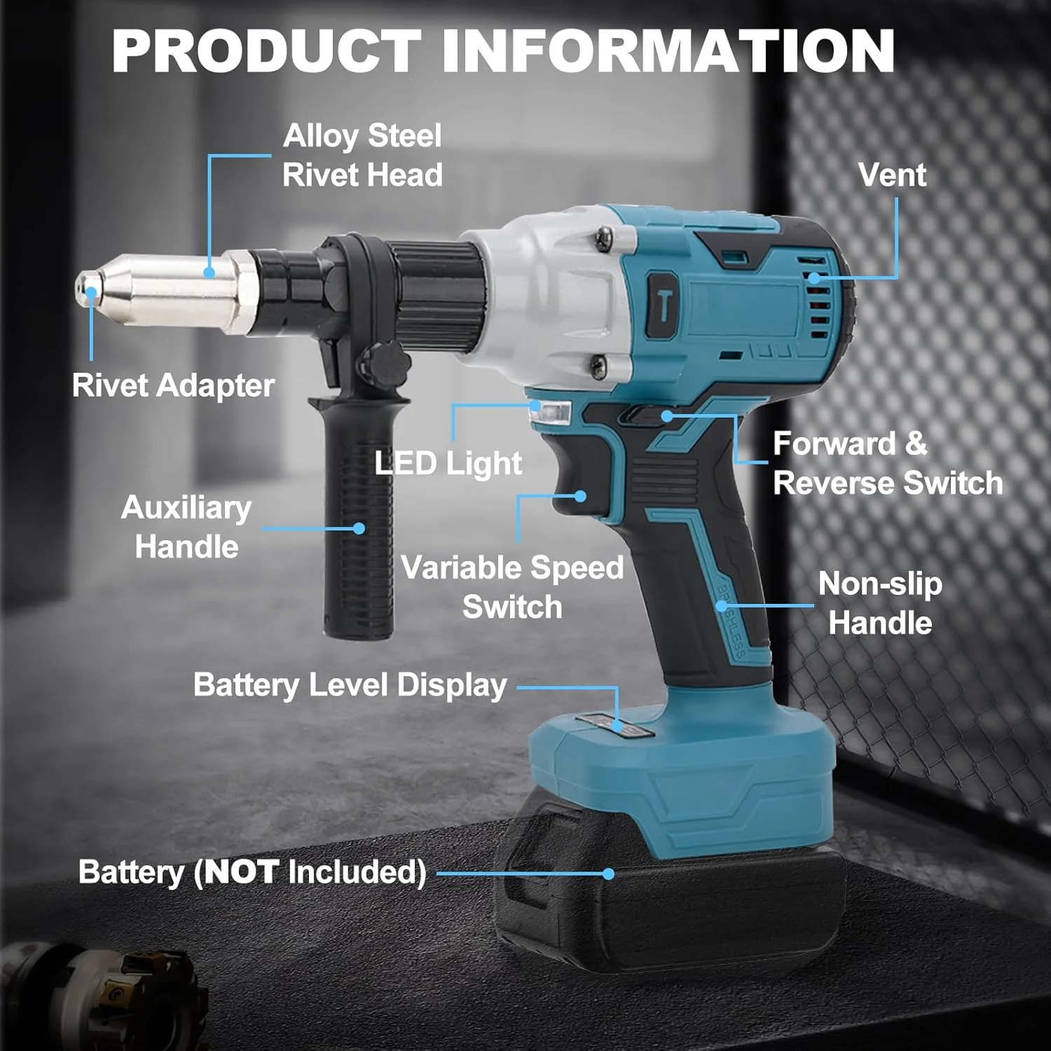 پرچ کن شارژی سازگار با باتری های لیتیوم یونی 18 ولت ماکیتا، پرچ کن برقی براشلس با 4 آداپتور برای پرچ های 2.4/3.2/4/4.8 میلی متر (بدون باتری) پرچ کن شارژی سازگار با باتری های لیتیوم یونی 18 ولت ماکیتا، پرچ کن برقی براشلس با 4 آداپتور برای پرچ های 2.4/3.2/4/4.8 میلی متر (بدون باتری)