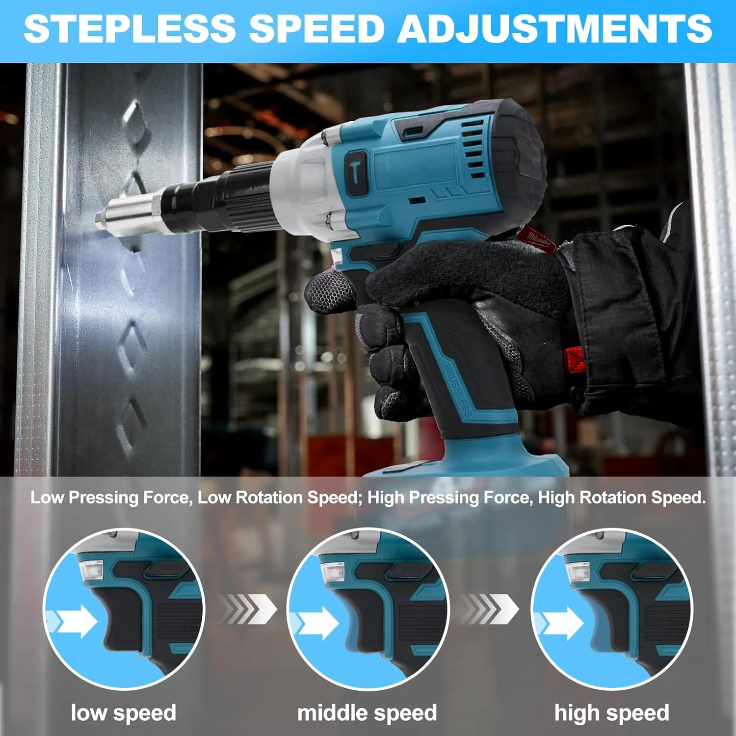 پرچ کن شارژی سازگار با باتری های لیتیوم یونی 18 ولت ماکیتا، پرچ کن برقی براشلس با 4 آداپتور برای پرچ های 2.4/3.2/4/4.8 میلی متر (بدون باتری) پرچ کن شارژی سازگار با باتری های لیتیوم یونی 18 ولت ماکیتا، پرچ کن برقی براشلس با 4 آداپتور برای پرچ های 2.4/3.2/4/4.8 میلی متر (بدون باتری)