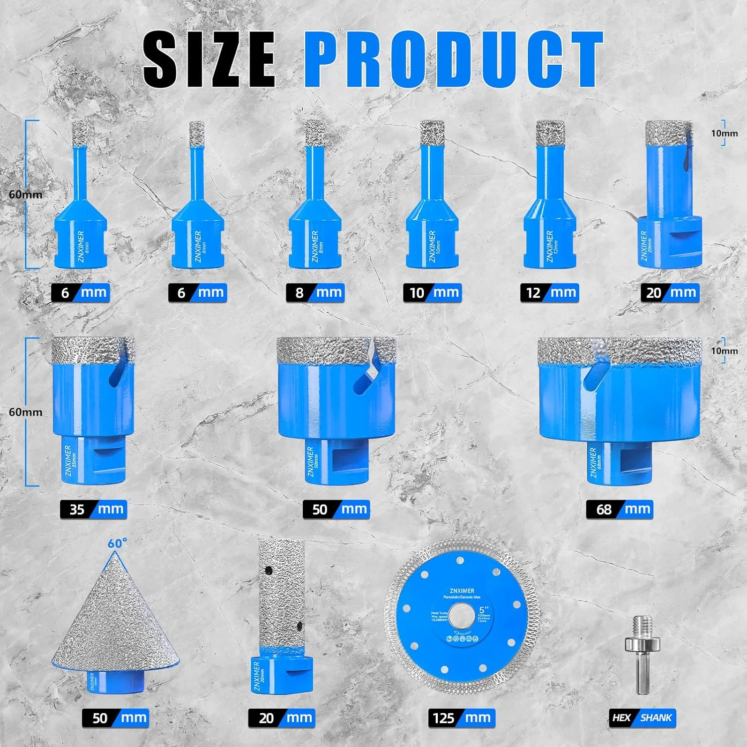 مجموعه مته الماسه کاشی ۱۳ عددی ۶/۶/۸/۱۰/۱۲/۲۰/۳۵/۵۰/۶۸ میلی متر به همراه دیسک الماسه ۱۲۵ میلی متر و آداپتور انگشتی ۲۰/۵۰ میلی متر برای سوراخکاری خشک کاشی پرسلان، گرانیت و مرمر