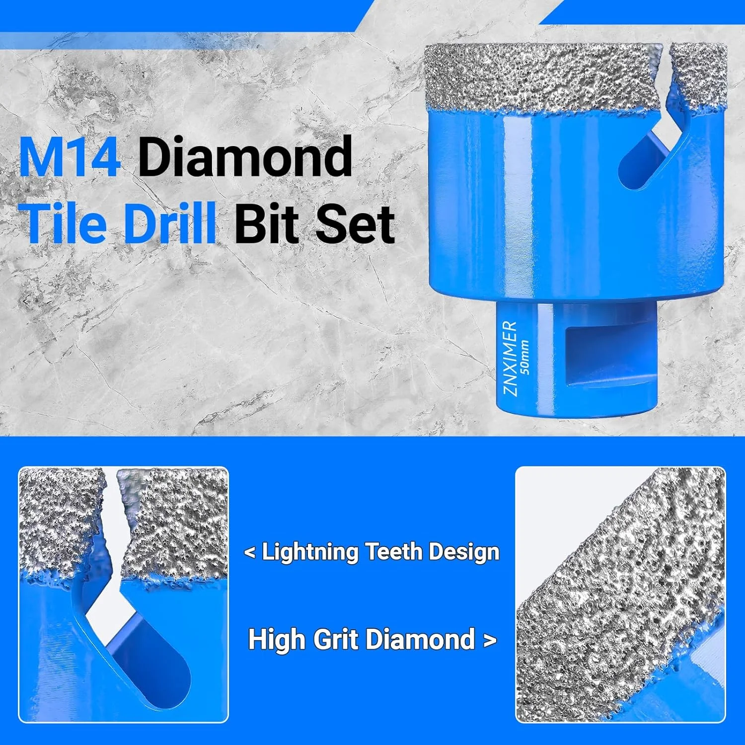 مجموعه مته الماسه کاشی ۱۳ عددی ۶/۶/۸/۱۰/۱۲/۲۰/۳۵/۵۰/۶۸ میلی متر به همراه دیسک الماسه ۱۲۵ میلی متر و آداپتور انگشتی ۲۰/۵۰ میلی متر برای سوراخکاری خشک کاشی پرسلان، گرانیت و مرمر