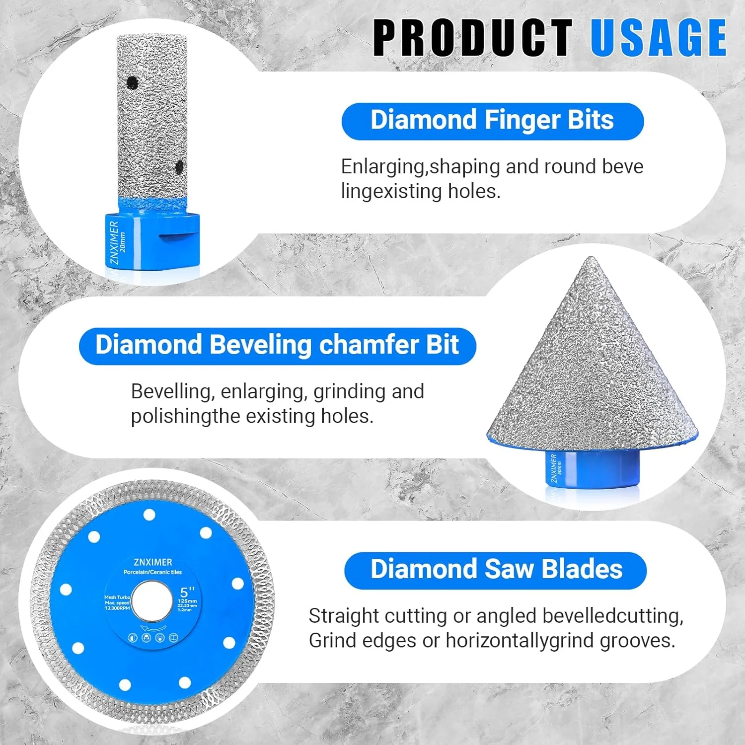 مجموعه مته الماسه کاشی ۱۳ عددی ۶/۶/۸/۱۰/۱۲/۲۰/۳۵/۵۰/۶۸ میلی متر به همراه دیسک الماسه ۱۲۵ میلی متر و آداپتور انگشتی ۲۰/۵۰ میلی متر برای سوراخکاری خشک کاشی پرسلان، گرانیت و مرمر