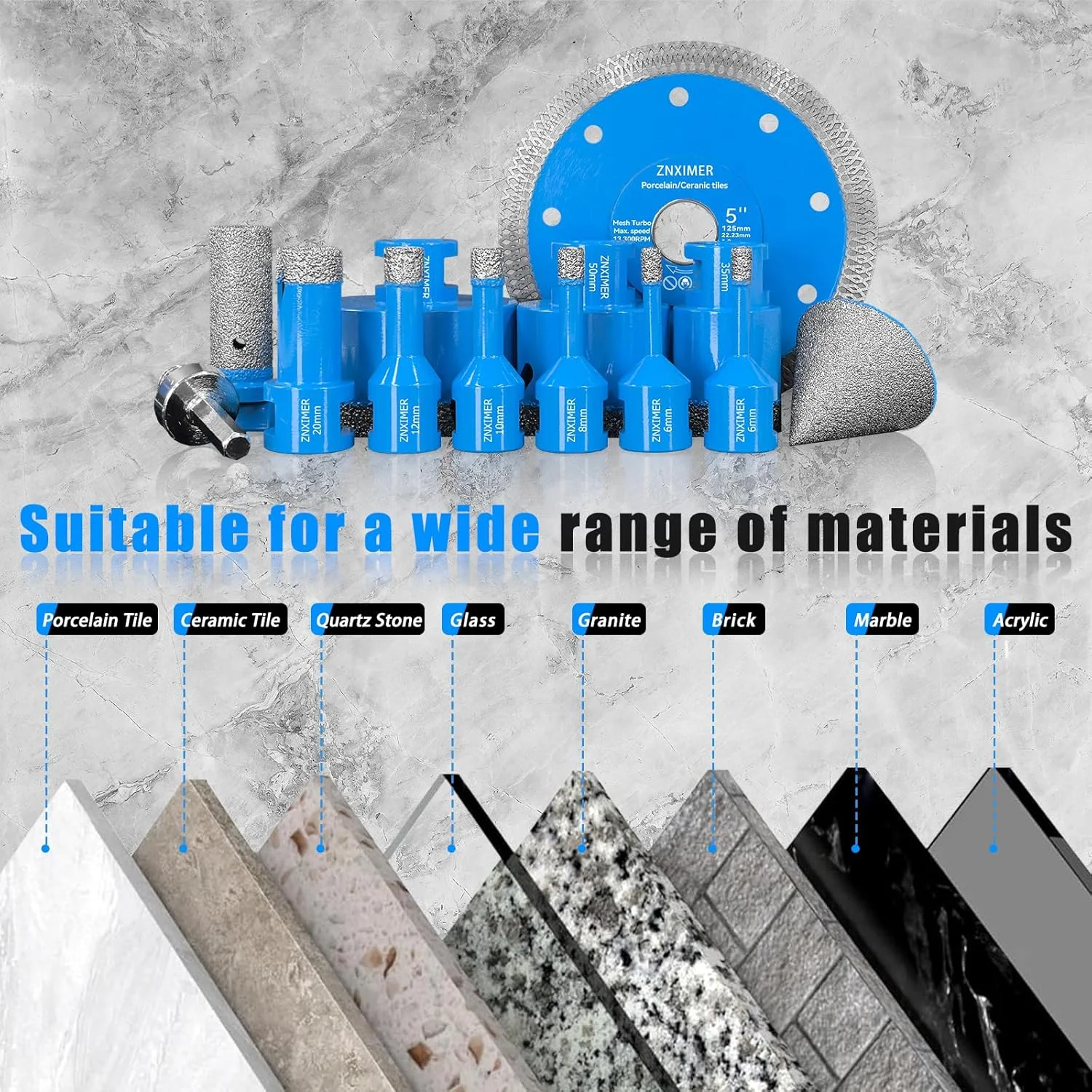 مجموعه مته الماسه کاشی ۱۳ عددی ۶/۶/۸/۱۰/۱۲/۲۰/۳۵/۵۰/۶۸ میلی متر به همراه دیسک الماسه ۱۲۵ میلی متر و آداپتور انگشتی ۲۰/۵۰ میلی متر برای سوراخکاری خشک کاشی پرسلان، گرانیت و مرمر