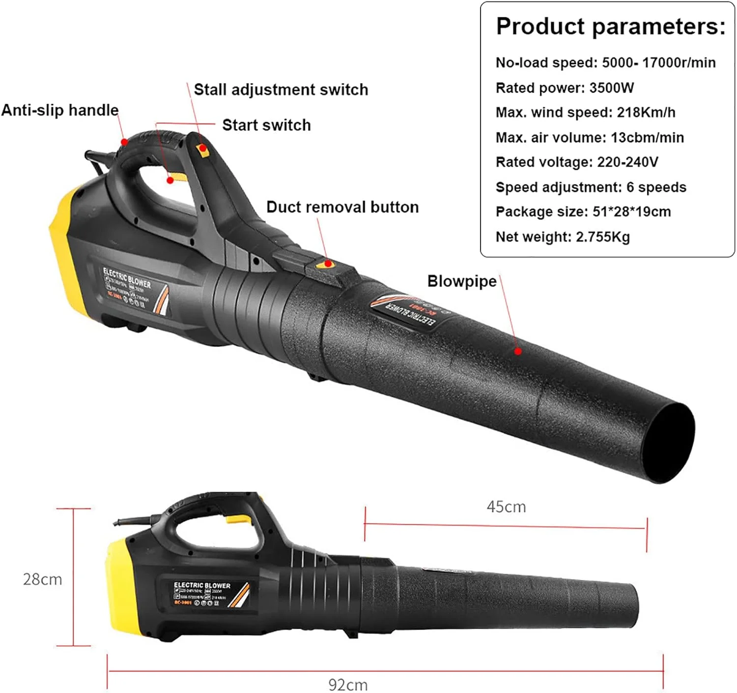 دمنده برگ قدرتمند 3500 وات، جاروبرقی باغی، سرعت باد 218 کیلومتر در ساعت + حجم هوای 790 متر مکعب در ساعت، کنترل 6 سرعته، برای تمیز کردن برف، آوار، گرد و غبار، برگ های ریخته شده، با کابل 3 متری دمنده برگ قدرتمند 3500 وات، جاروبرقی باغی، سرعت باد 218 کیلومتر در ساعت + حجم هوای 790 متر مکعب در ساعت، کنترل 6 سرعته، برای تمیز کردن برف، آوار، گرد و غبار، برگ های ریخته شده، با کابل 3 متری