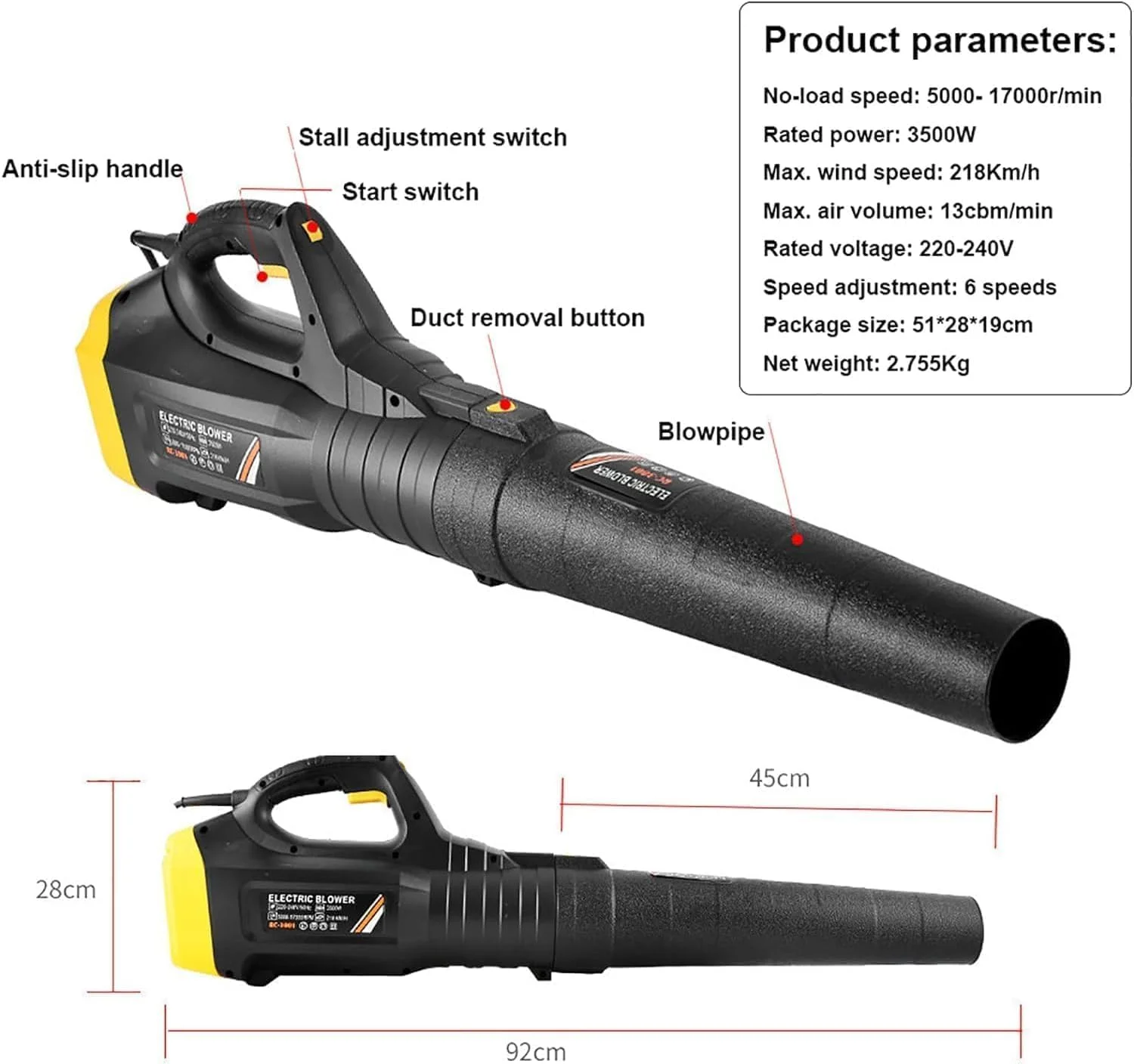 دمنده و مکنده برقی 3500 وات برای برگ و باغ - 6 سرعته، سرعت باد 218 کیلومتر در ساعت، حجم هوای 790 متر مکعب در ساعت دمنده و مکنده برقی 3500 وات برای برگ و باغ - 6 سرعته، سرعت باد 218 کیلومتر در ساعت، حجم هوای 790 متر مکعب در ساعت