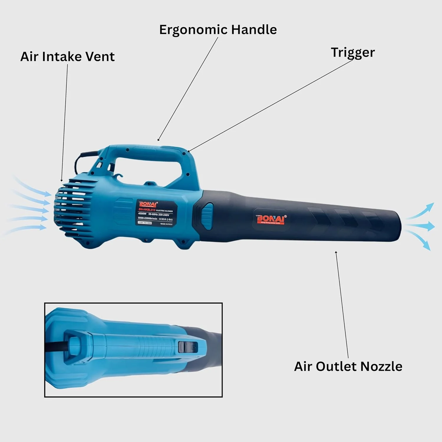 دمنده هوای برقی BONAI 4500W – پاک کننده گرد و غبار 22000 دور در دقیقه با توان 240 ولت، جمع و جور و بادوام برای تمیز کردن، خشک کردن و باد کردن – BN-HKBL015