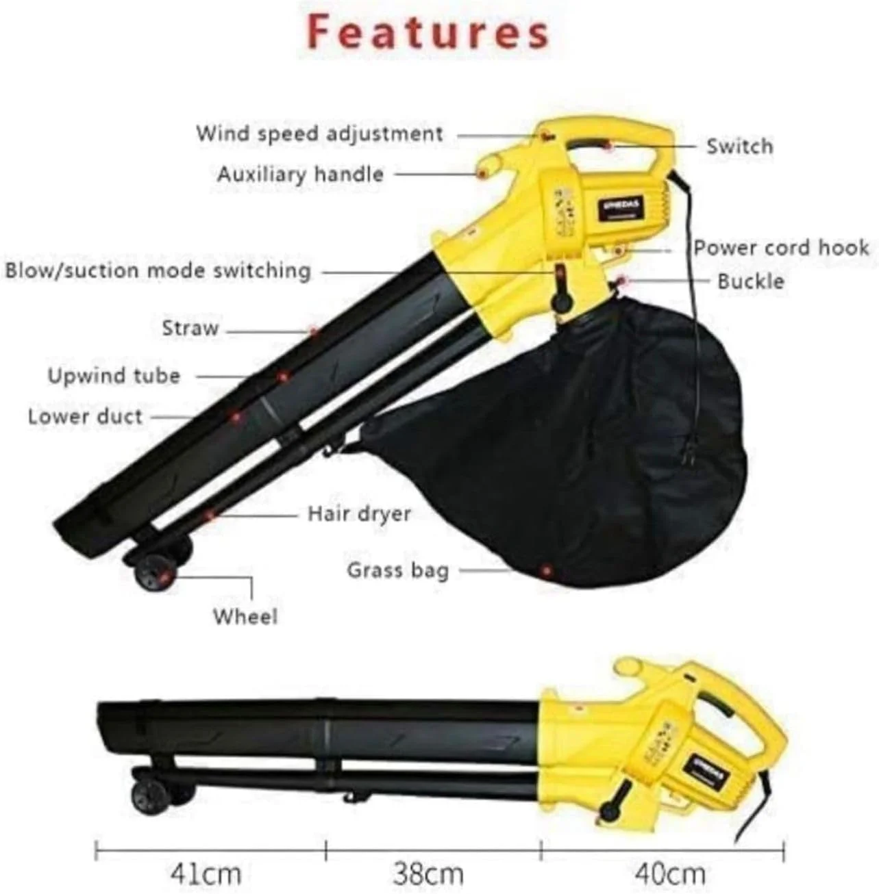 دستگاه دمنده و مکنده برگ برقی 3 در 1، مکنده باغی 3000 وات با کیسه جمع آوری 45 لیتری، سرعت قابل تنظیم (کابل برق 0.5 متری)