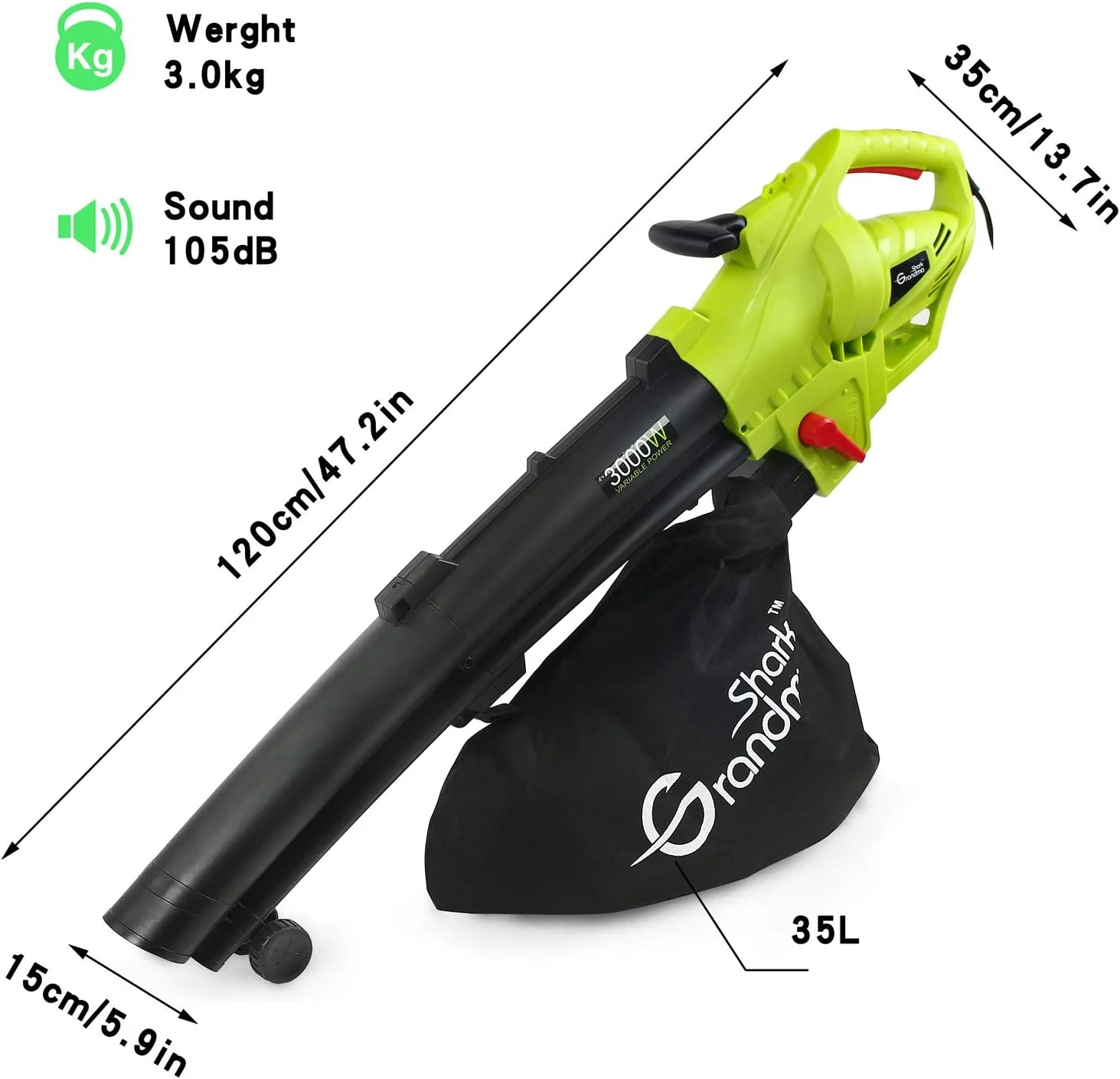 دستگاه دمنده برگ مادربزرگ کوسه 3000 وات 3 در 1، جاروبرقی برگ های باغ، با قابلیت خرد کردن برگ ها و دارای کیسه جمع آوری بزرگ (سبز)