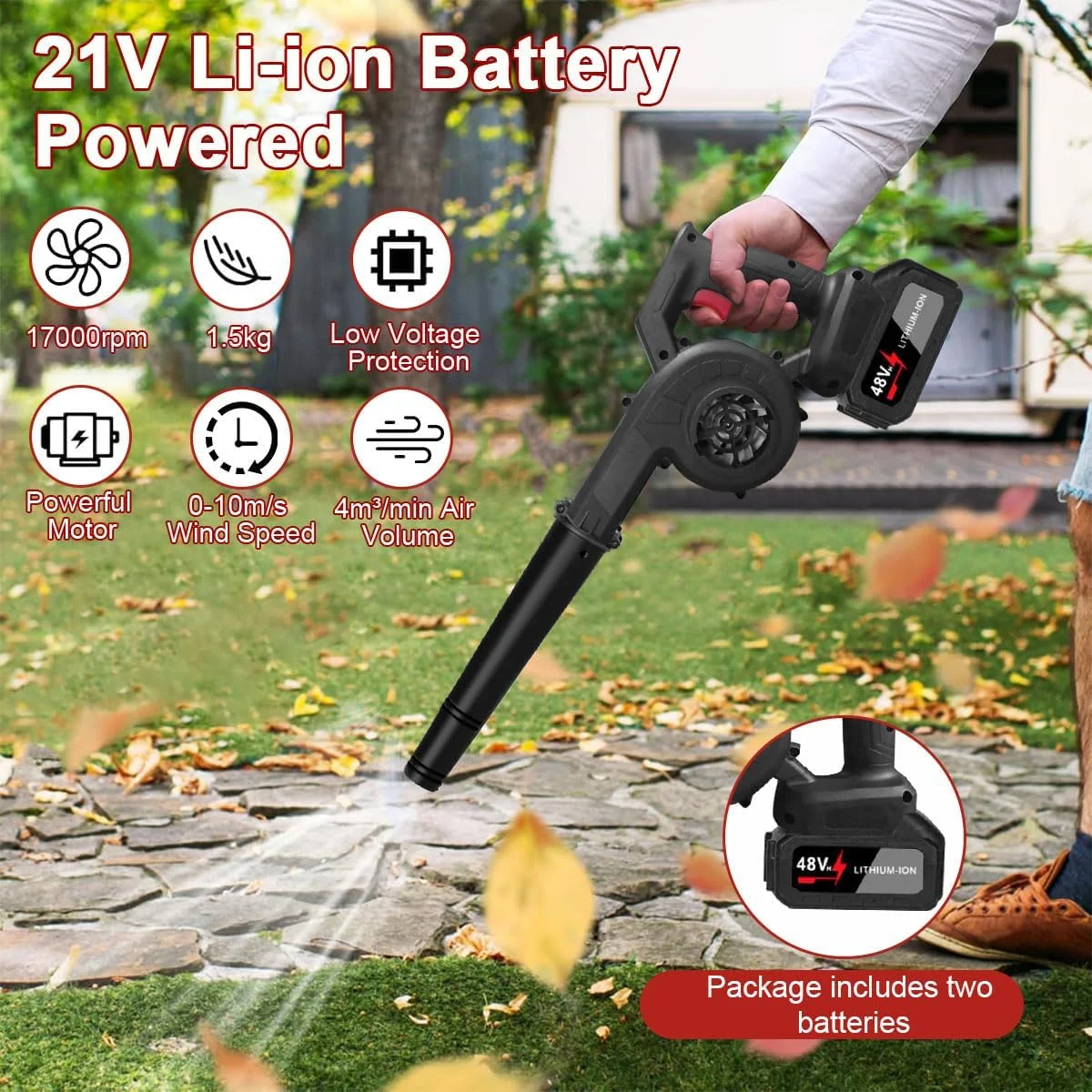 دمنده برگ شارژی 17000 دور در دقیقه، دمنده برگ برقی بی سیم با شارژر، 2 باتری، دمنده و مکنده 2 در 1 دستی، جاروی چمن با باتری، دمنده قابل حمل و جمع و جور برای چمن، حیاط، گرد و غبار ماشین