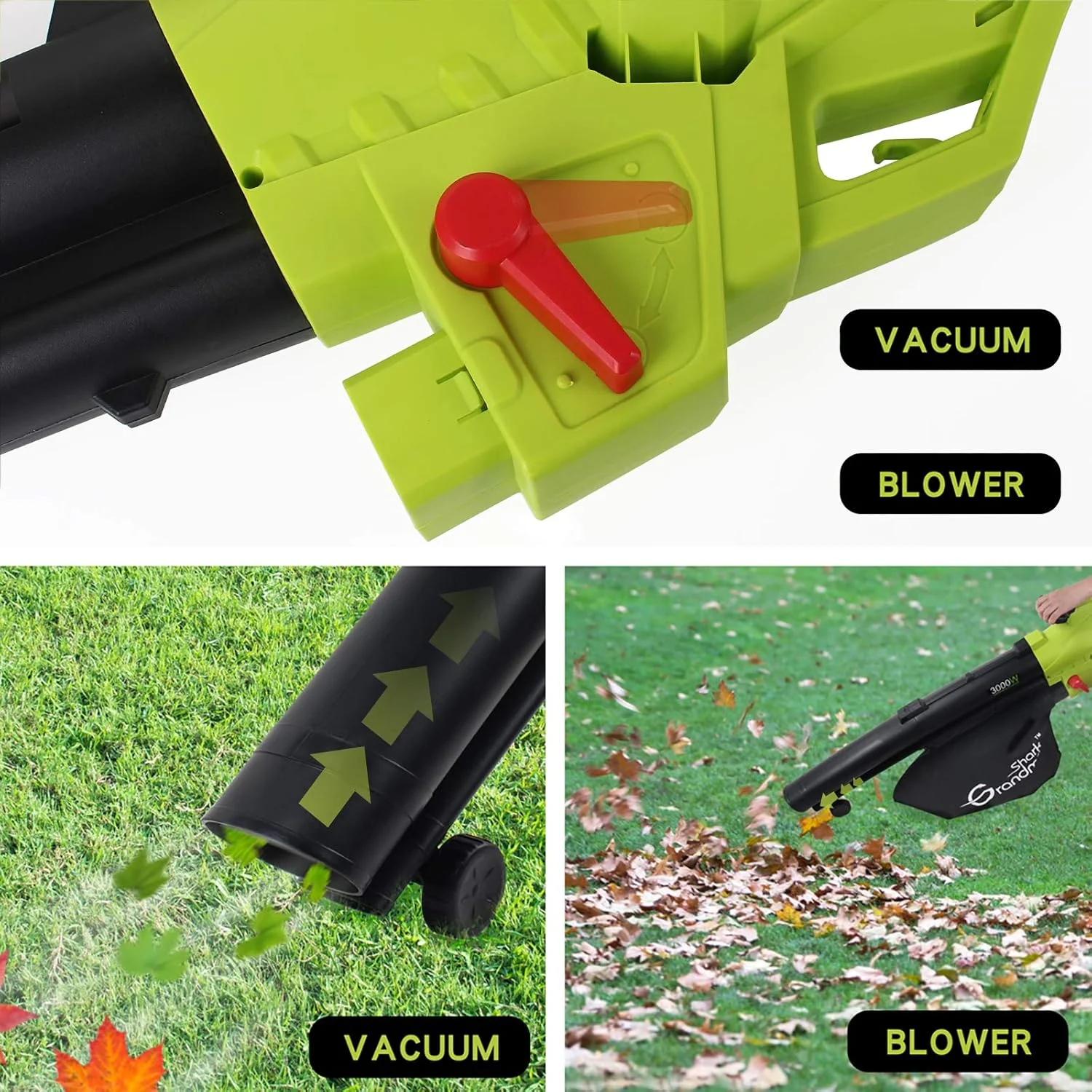 دستگاه دمنده برگ مادربزرگ کوسه 3000 وات 3 در 1، جاروبرقی برگ های باغ، با قابلیت خرد کردن برگ ها و دارای کیسه جمع آوری بزرگ (سبز)