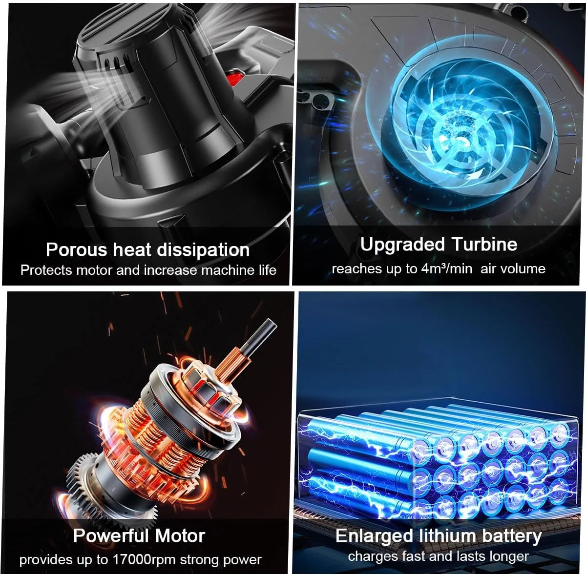 دمنده برگ شارژی 17000 دور در دقیقه، دمنده برگ برقی بی سیم با شارژر، 2 باتری، دمنده و مکنده 2 در 1 دستی، جاروی چمن با باتری، دمنده قابل حمل و جمع و جور برای چمن، حیاط، گرد و غبار ماشین