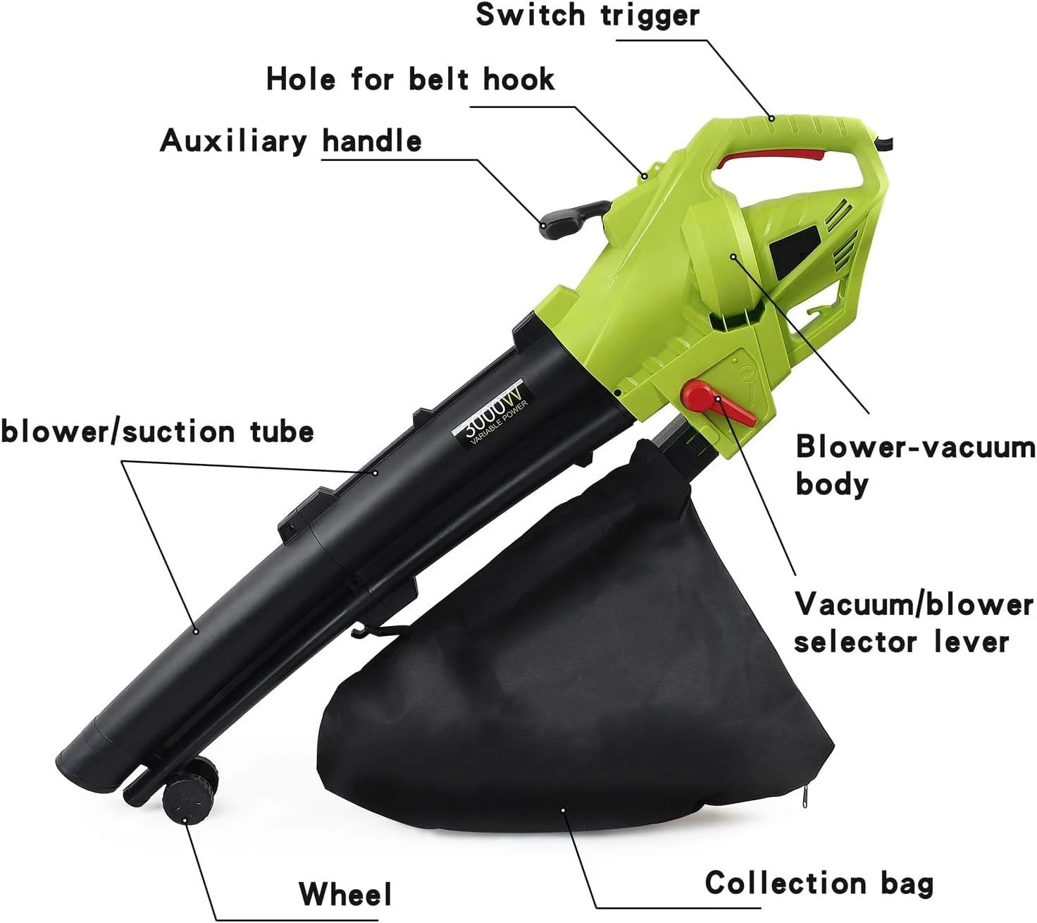 دستگاه دمنده، مکنده و خردکن برگ سه کاره منحصربهفرد 3000 وات - جاروبرقی برقی باغ با کیسه جمعآوری 40 لیتری، چرخ و بند شانه برای برگها، پاسیوها و مسیرهای ورودی دستگاه دمنده، مکنده و خردکن برگ سه کاره منحصربهفرد 3000 وات - جاروبرقی برقی باغ با کیسه جمعآوری 40 لیتری، چرخ و بند شانه برای برگها، پاسیوها و مسیرهای ورودی