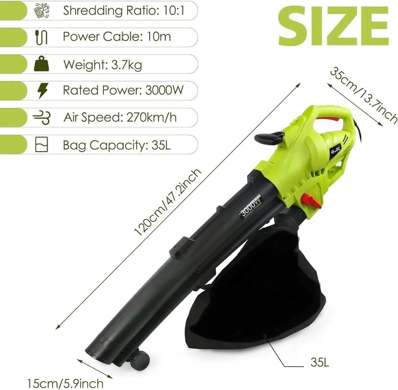 دستگاه دمنده و مکنده برگ برقی 3 در 1، دستگاه خردکن و مکنده برگ با چرخ و کیسه جمع آوری بزرگ، خرد کردن 10:1، دستگاه مکنده برگ باغ قابل حمل و سبک (3000 وات) (کابل برق 0.35 متری)