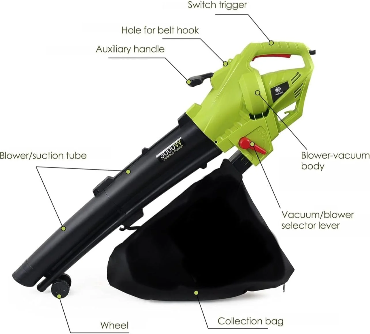 دستگاه دمنده و مکنده برگ برقی 3 در 1، دستگاه خردکن و مکنده برگ با چرخ و کیسه جمع آوری بزرگ، خرد کردن 10:1، دستگاه مکنده برگ باغ قابل حمل و سبک (3000 وات) (کابل برق 0.35 متری)