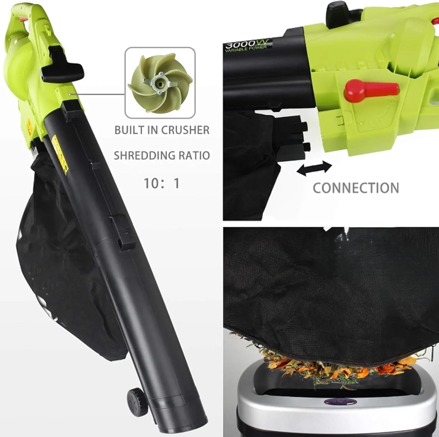 دستگاه دمنده، مکنده و خردکن برگ سه کاره منحصربهفرد 3000 وات - جاروبرقی برقی باغ با کیسه جمعآوری 40 لیتری، چرخ و بند شانه برای برگها، پاسیوها و مسیرهای ورودی دستگاه دمنده، مکنده و خردکن برگ سه کاره منحصربهفرد 3000 وات - جاروبرقی برقی باغ با کیسه جمعآوری 40 لیتری، چرخ و بند شانه برای برگها، پاسیوها و مسیرهای ورودی