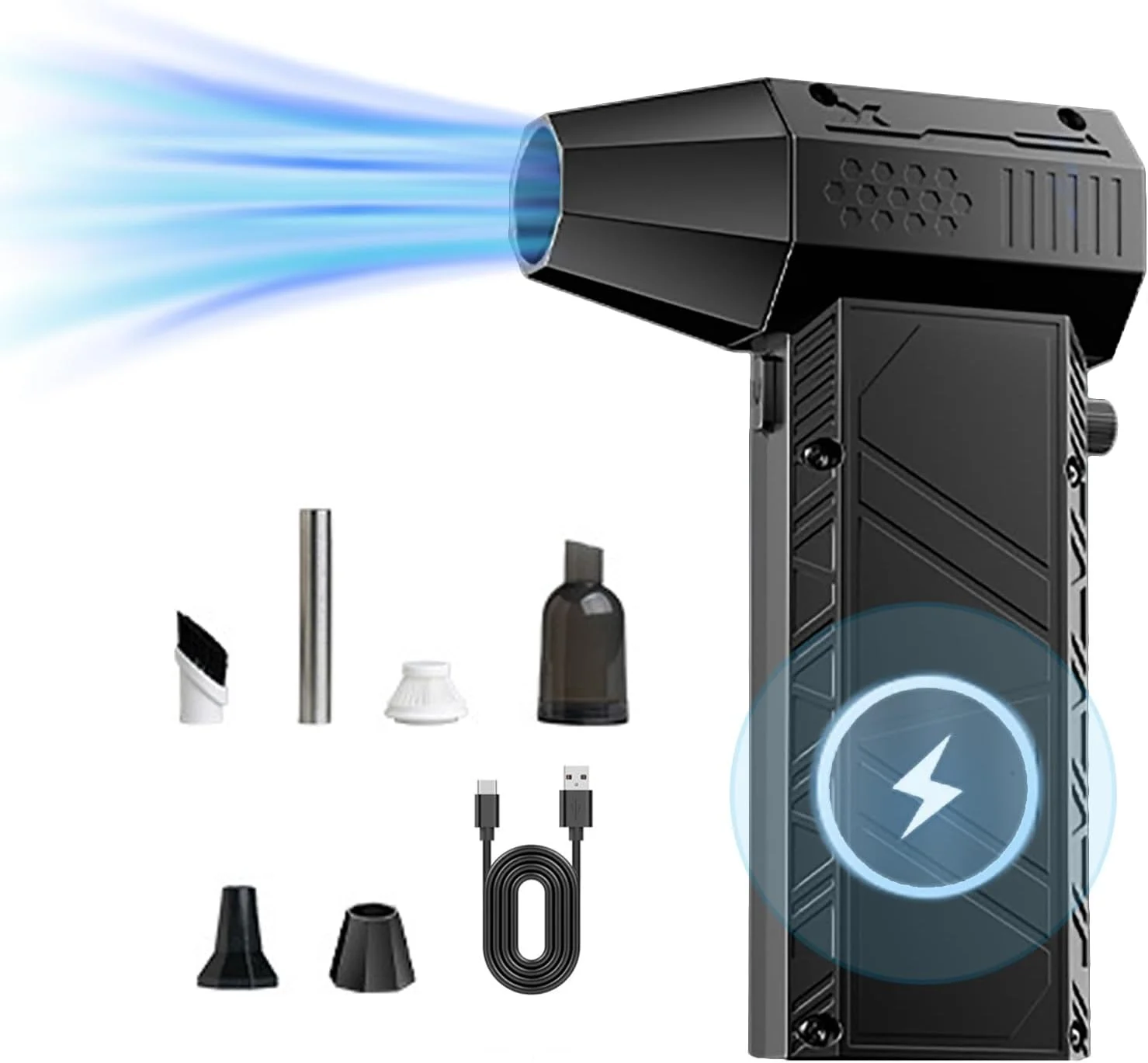 دمنده توربو جت دستی، دمنده و جاروبرقی شارژی 2 در 1 با موتور براشلس 130000 دور در دقیقه، سرعت باد قابل تنظیم، برای تمیز کردن گرد و غبار، خشک کردن، باد کردن، باربیکیو کمپینگ، فضای باز، ماشین، خانه