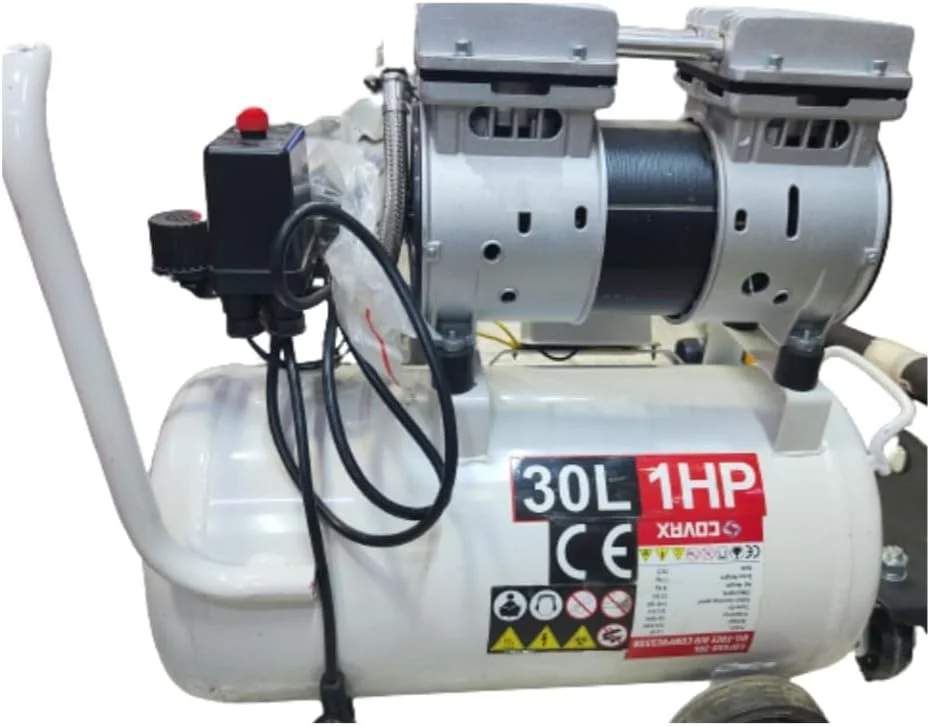 کمپرسور هوای بی صدا و بدون روغن COVAX با ظرفیت 30 لیتر، مناسب برای کارهای سنگین، به همراه شلنگ 10 متری، تفنگ تمیز کننده هوا و تفنگ باد لاستیک.