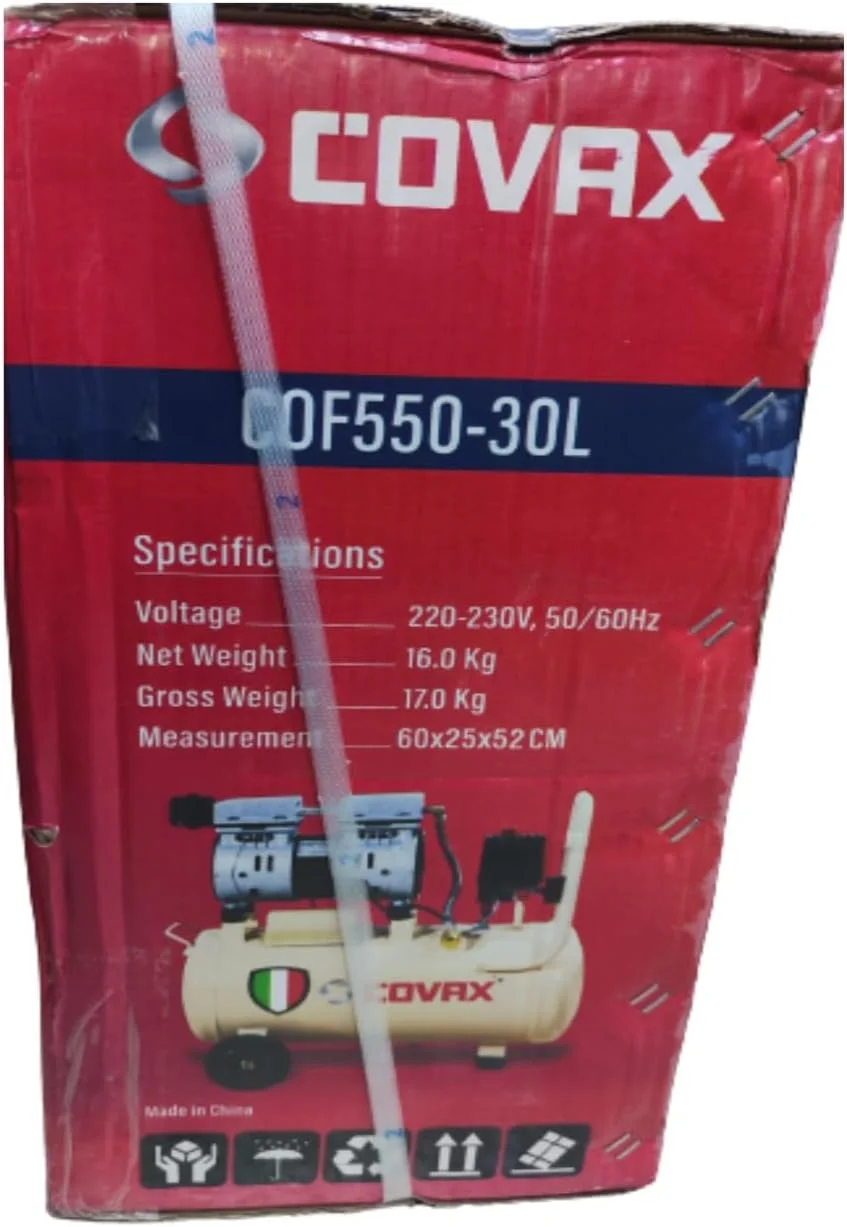 کمپرسور هوای بی صدا و بدون روغن COVAX با ظرفیت 30 لیتر، مناسب برای کارهای سنگین، به همراه شلنگ 10 متری، تفنگ تمیز کننده هوا و تفنگ باد لاستیک.