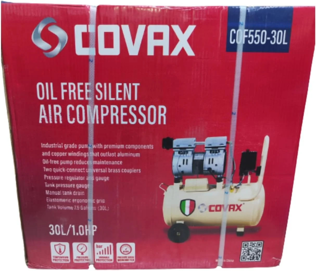کمپرسور هوای بی صدا و بدون روغن COVAX با ظرفیت 30 لیتر، مناسب برای کارهای سنگین، به همراه شلنگ 10 متری، تفنگ تمیز کننده هوا و تفنگ باد لاستیک.