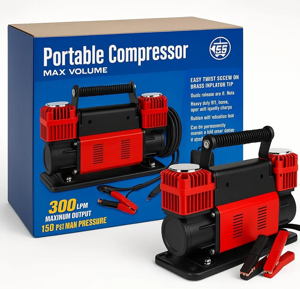 کمپرسور هوای قابل حمل 12 ولت سانرایز برای لاستیک خودرو - 300 LPM، 150 PSI، نازل برنجی اتصال سریع، شلنگ سیم پیچ 26 فوتی، کمپرسور جمع و جور برای خودرو، دوچرخه، تجهیزات ورزشی و موارد دیگر