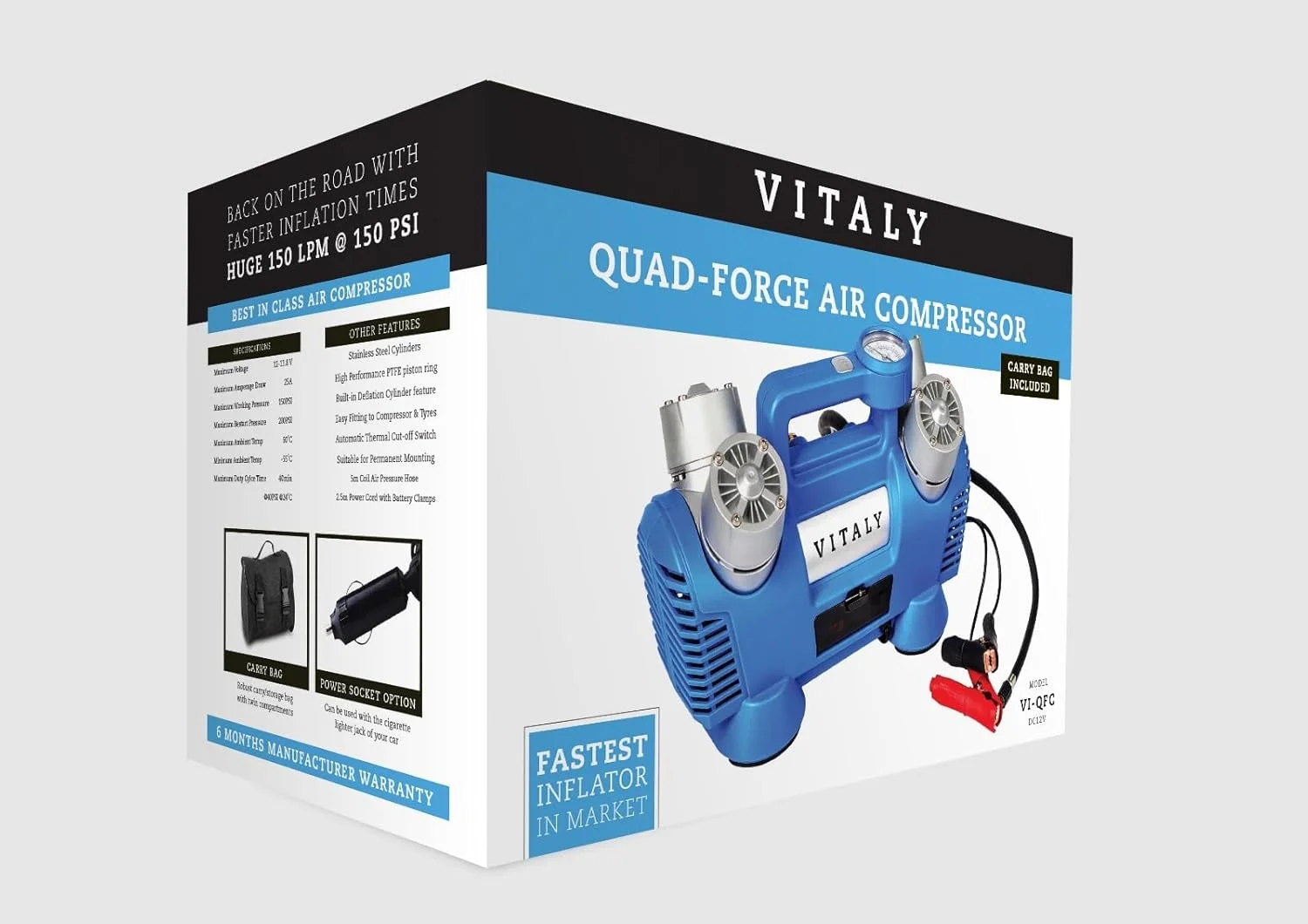 کمپرسور هوا چهار سیلندر ویتالی مدل Quad Force Air Force v1-qfc، ۱۲ ولت، ۱۳۰ لیتر در دقیقه، دارای گیره های باتری دوتایی