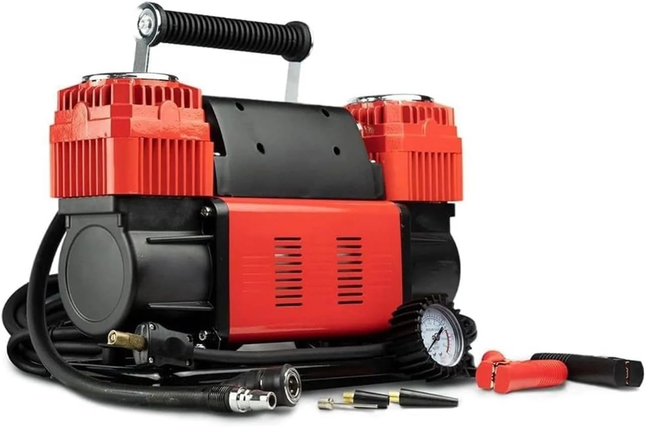 کمپرسور هوای قابل حمل سنگین، دو سیلندر، 300 لیتر در دقیقه، 150 PSI، شلنگ 8 متری با گیج، برای اتومبیل، شاسی بلند، کامیون