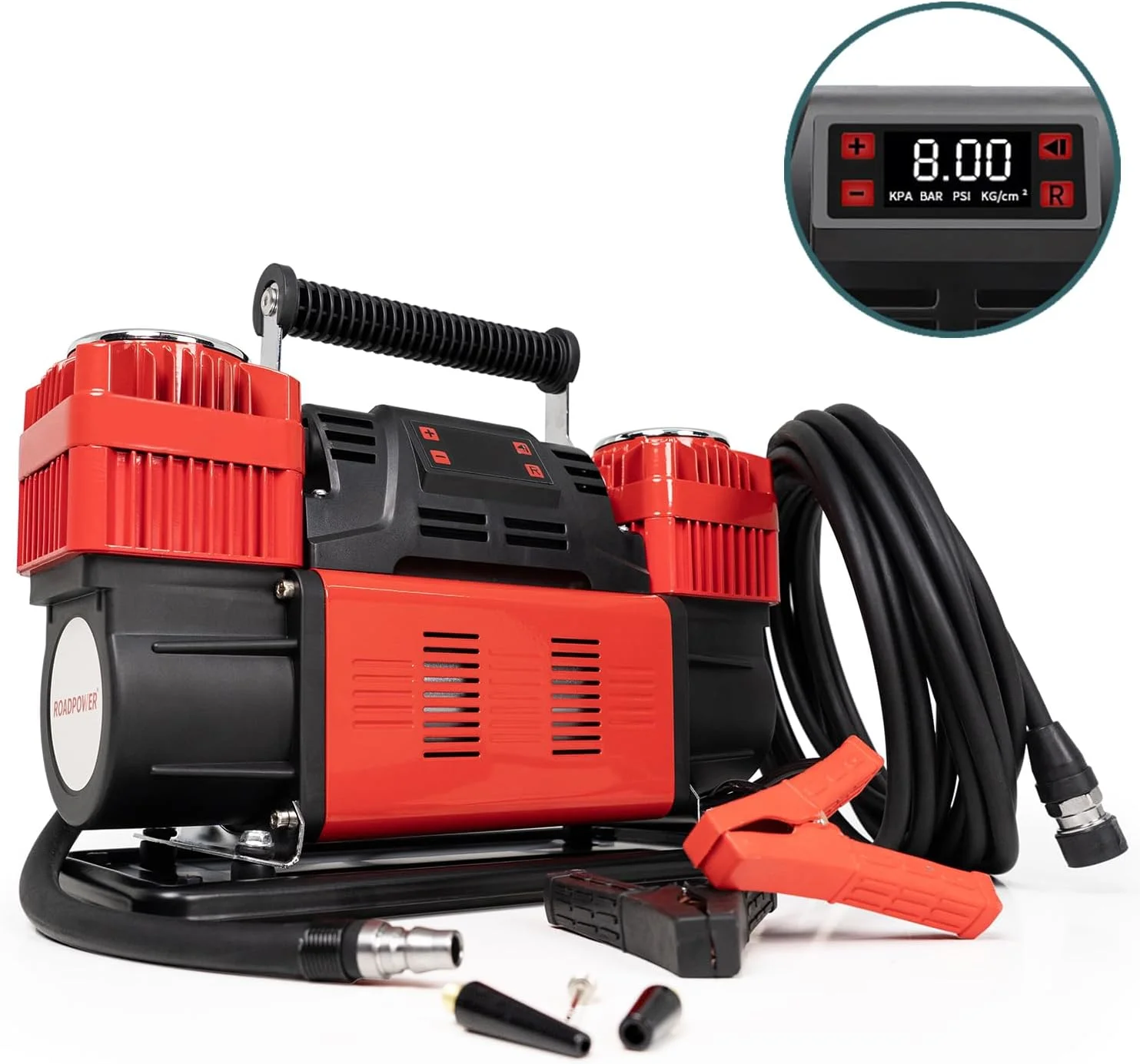 کمپرسور هوای دو سیلندر دیجیتال ROADPOWER، جریان هوای فوق العاده برای خودرو، کامیون و سایر وسایل بادی به همراه کیف حمل، مدل RP-AC958