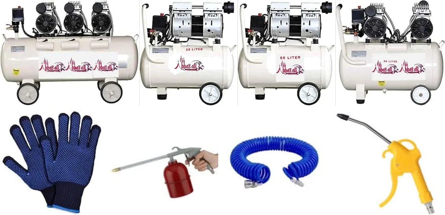 کمپرسور هوای بی صدای بدون روغن عباسعلی مناسب برای تایر، رنگ، گاراژ، کارخانه و غیره با شلنگ 10 متری، تفنگ تمیز کننده هوا و تفنگ شستشوی بنزینی دیزلی (50 لیتری تک سر)
