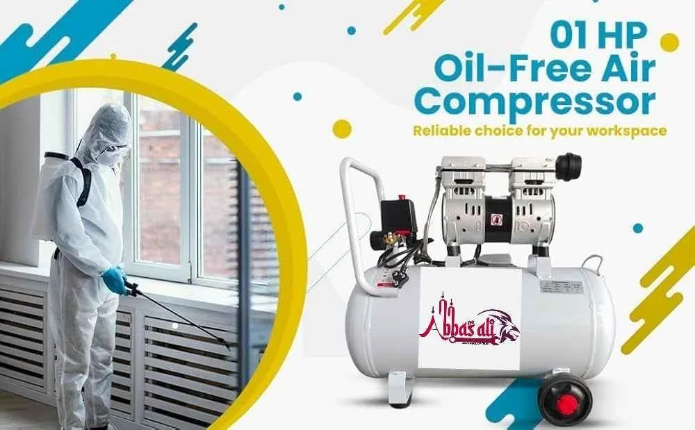 کمپرسور هوای بی صدای بدون روغن عباسعلی مناسب برای تایر، رنگ، گاراژ، کارخانه و غیره با شلنگ 10 متری، تفنگ تمیز کننده هوا و تفنگ شستشوی بنزینی دیزلی (50 لیتری تک سر)