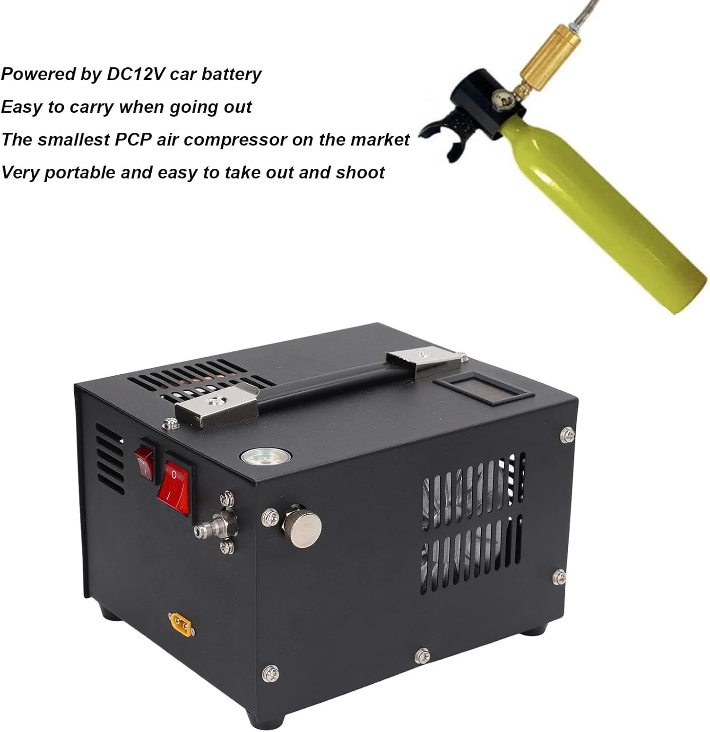 کمپرسور هوا Goshyda، کمپرسور قابل حمل 4500PSI/30Mpa، تغذیه شده توسط خودرو 12 ولت DC، بدون آب/روغن، کمپرسور پینت بال با فن خنک کننده 12500 دور در دقیقه